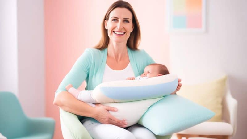 Mother in proper breastfeeding position reducing back pain